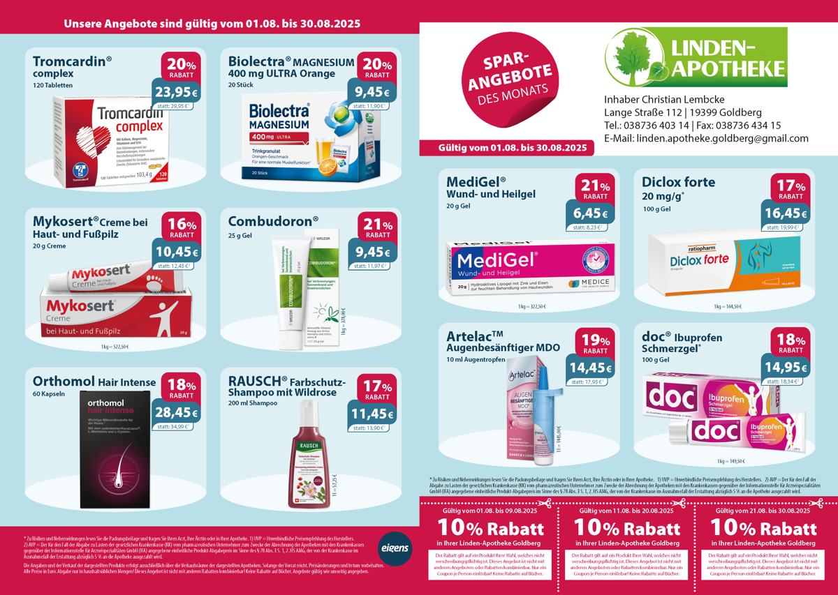 Aktuelle Monatsangebote Ihrer Apotheke Monatlicher Angebotsflyer der Apotheke mit Informationen zu Öffnungszeiten, Leistungen, Aktionen und wechselnden Produkten aus Gesundheit und Pflege.